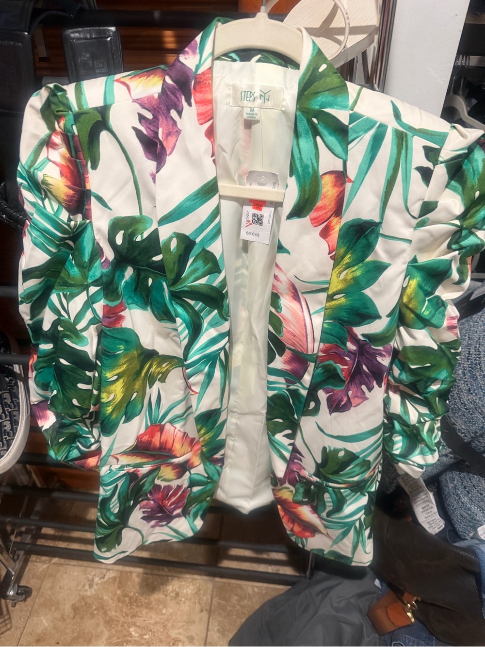 Tropical Floral Blazer Jacket - White & Green